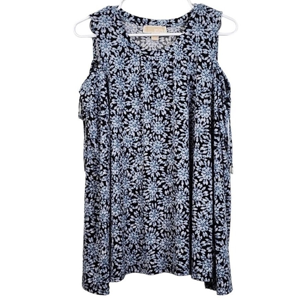 Michael Michael Kors Cold Shoulder Floral Starburst Print Top Blue Black Large - Picture 2 of 9